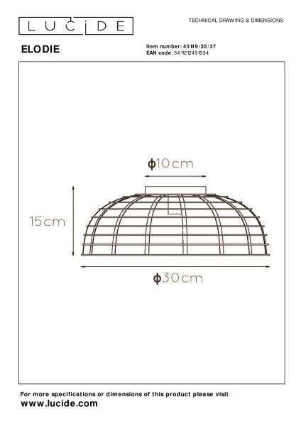 Lucide ELODIE - Plafonnière - Ø 30 cm - 1xE27 - Turkoois - technisch